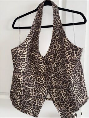 Leopard Halter Vest Top - Brown/Cream